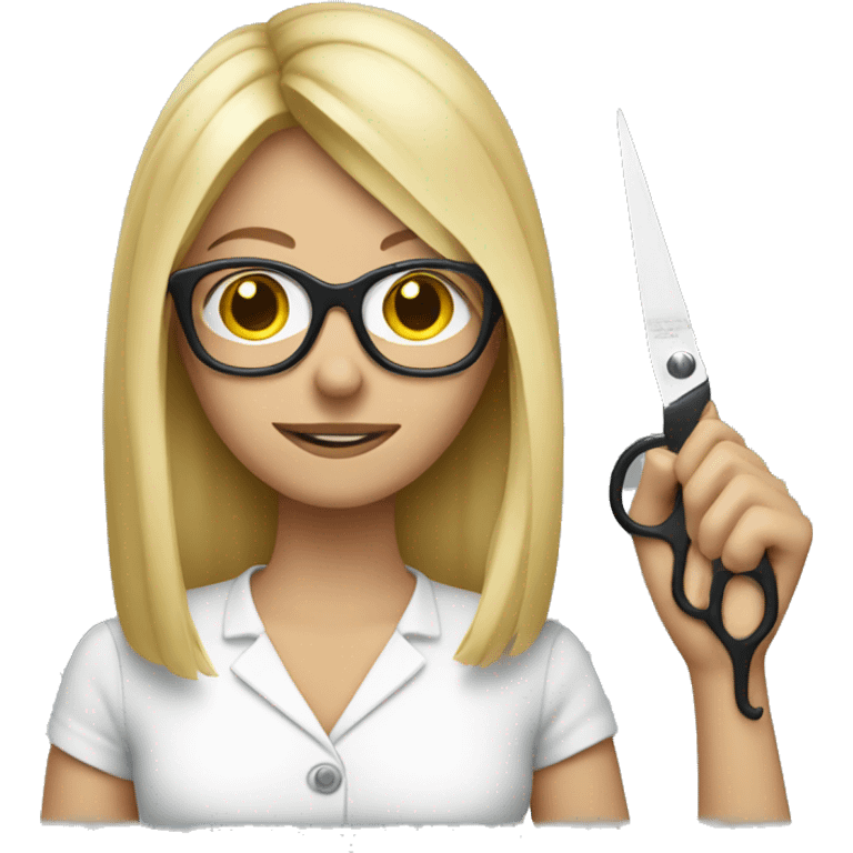 blonde woman with glasses holding scissors emoji