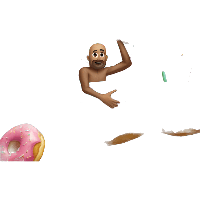 a bald tall guy in the sea on an inflatable circle in the form of a donut emoji