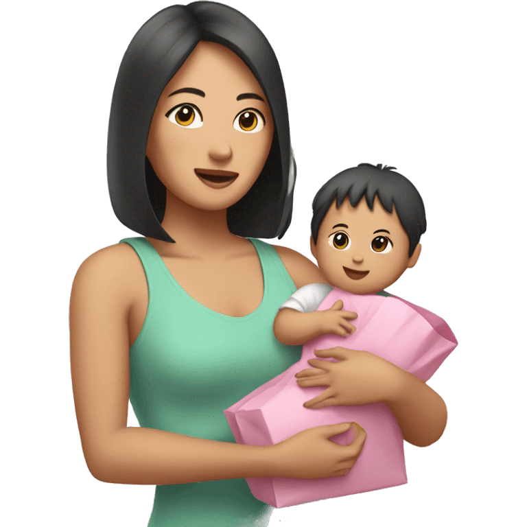 An Asian woman with a baby in her arms, holding a pink package emoji