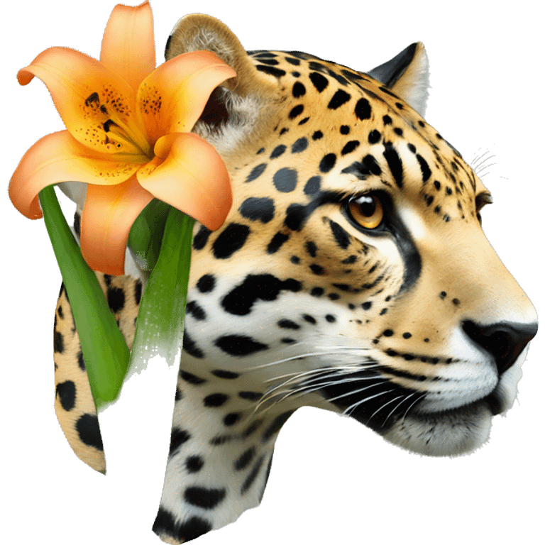 A jaguar painted with a lily flower in its ear emoji