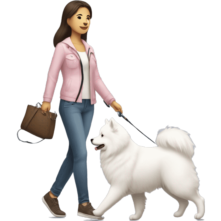 side profile full body view of brunette female with light pink skintone walking one samoyed dog on a leash emoji