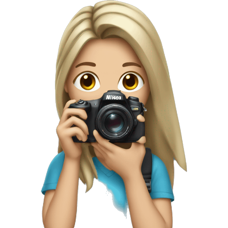 Girl with dark blonde loose ponytail Holding a Nikon Camera in her hands emoji