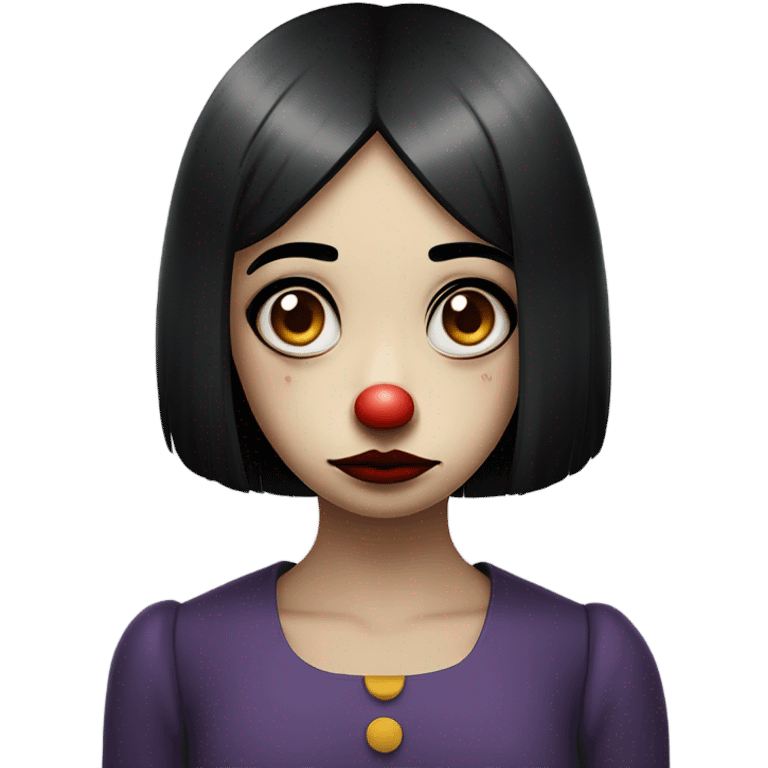 Sad clown girl with straight black chin length straight hair with a overly-emotive exaggerated sad look on her face  emoji