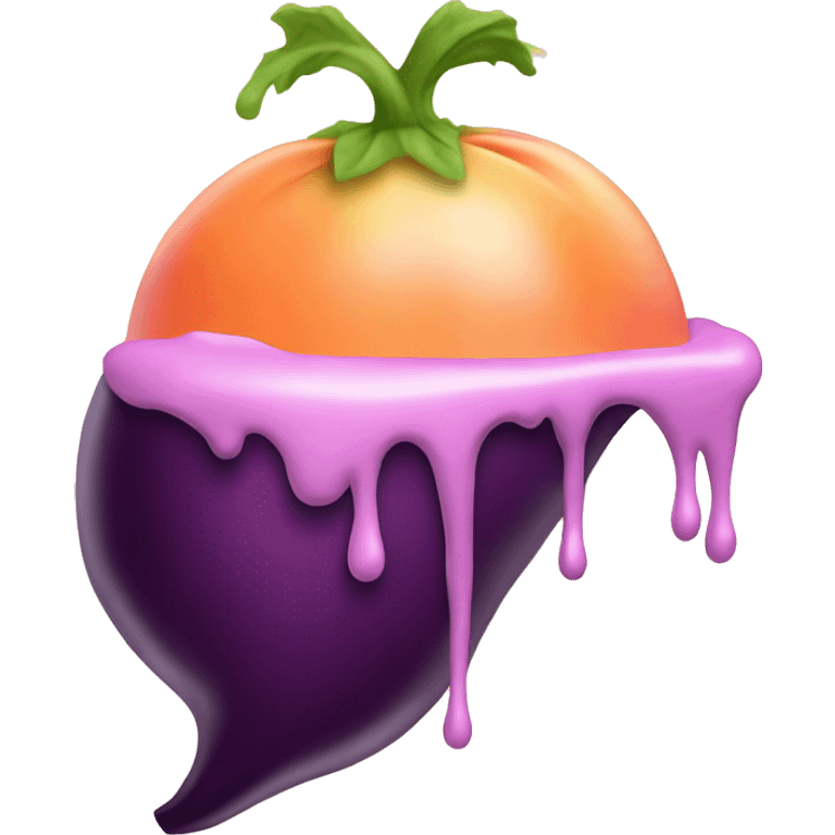 Eggplant dripping frosting, wedged in a peach emoji