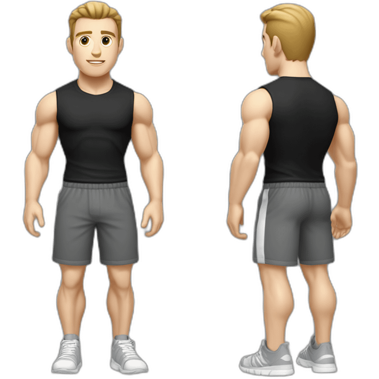 Pale skinned Fit Man With the biceps and dark brown hair in black shirt, gray sports shorts and white Sneakers emoji