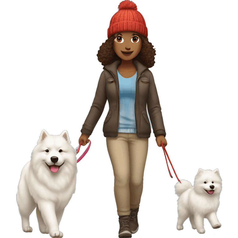 full body view of brunette female with light skin tone with knit hat walking a samoyed on a leash emoji