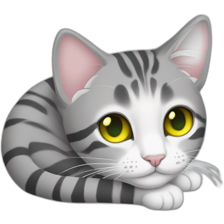 light gray tabby cat with white stripes domestic short hair with yellow green blue eyes and black pupil sleeping emoji