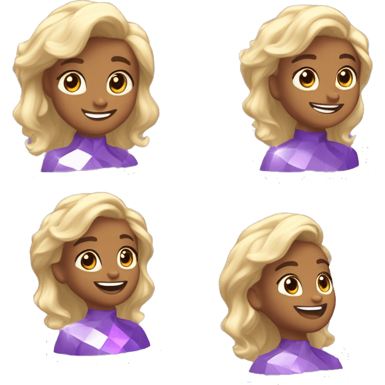 one girl with purple diamond head, she is feeling happy and elated and excited, make her hair shiny with prisms and angles and edges, now make her hair crystallized, make her hair only crystals no real hair please, only crystallized hair emoji