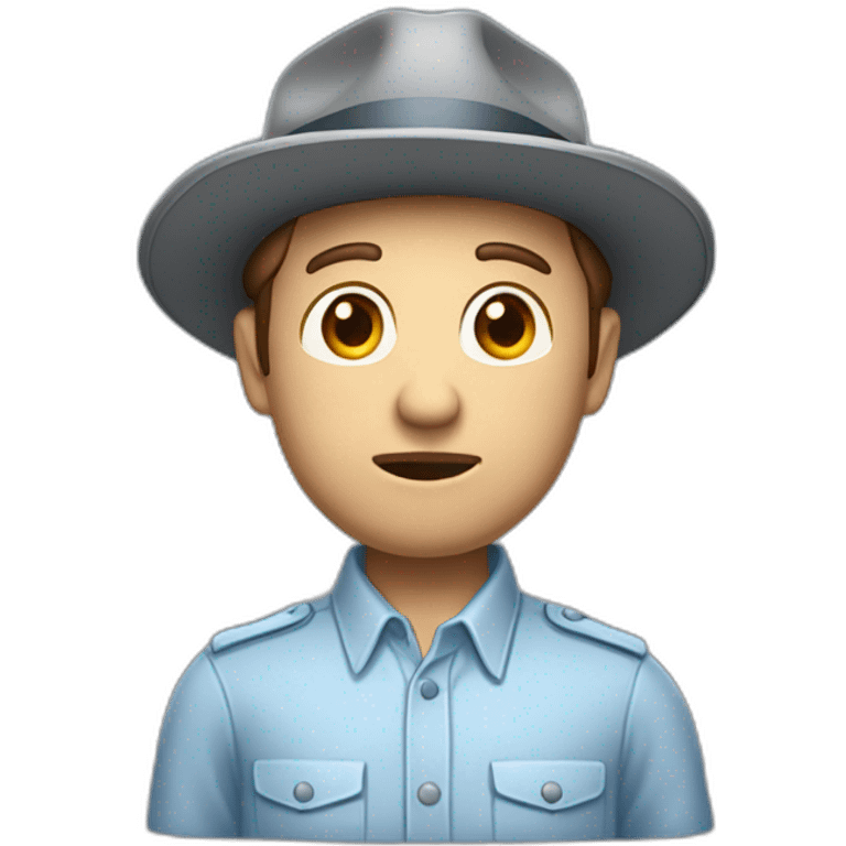 A TOK emoji of a bust of a man with light skin and short brown hair, wearing a light blue oxford shirt and a gray trilby hat with a flap on the back, looking concerned emoji