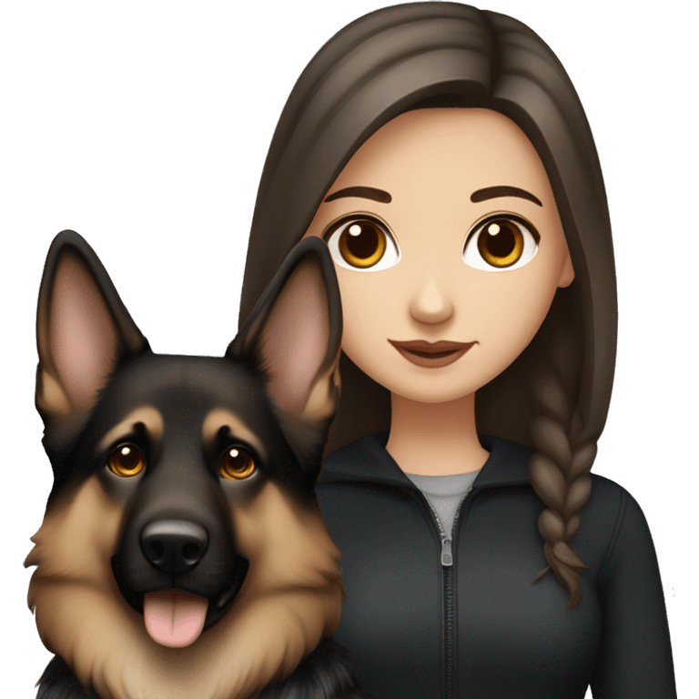 white girl with long dark brown hair and black eyes with a german shepherd  emoji