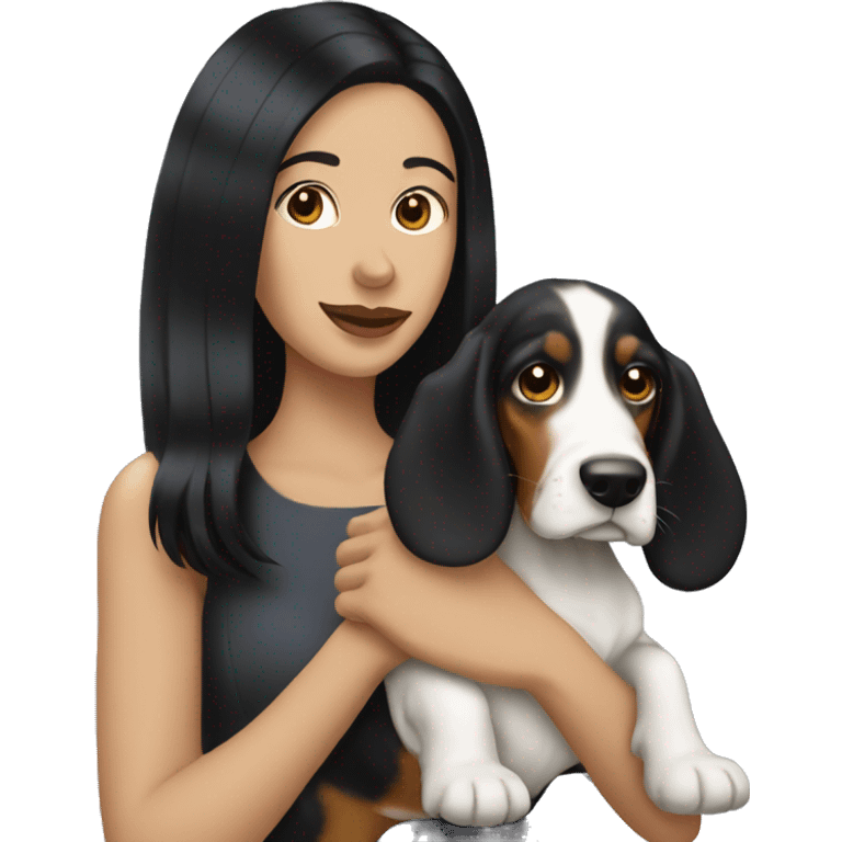 pale lady with black hair holding a basset emoji