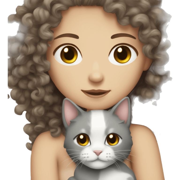 White Girl curly brunette hair cuddling with grey cat emoji