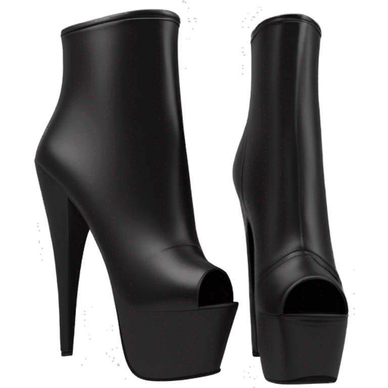 Realistic pair of black peep toe leather high heel bootie boots facing forward.  emoji