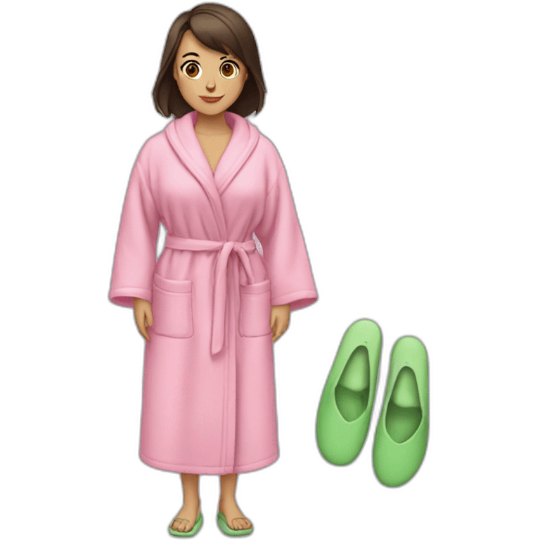 a brunette girl in a pink terry dressing gown with green slippers emoji