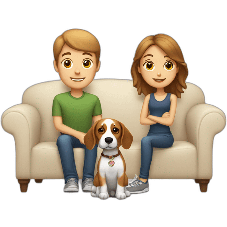 Brown hair White boy and girl with beagle Sit on couch emoji