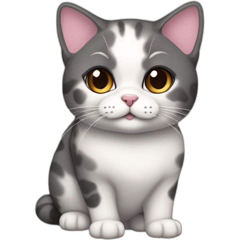 senior chubby diluted calico cat, white chin, pink and black nose, grey ears, grey and white emoji