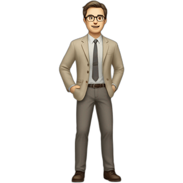 Full height Gesticulating Pale skinned fit man with dark brown hair in gray jacket, beige office shirt, brown tie, brown pants and vintage glasses. emoji