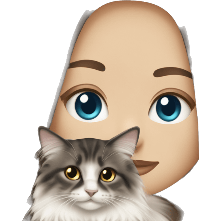 long straight haired blue eyed brunette woman holding norwegian forest cat with amber eyes emoji