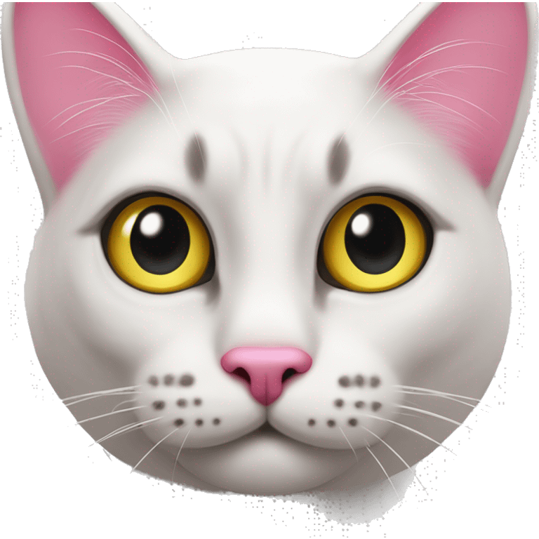 un gatto bianco con un fiocco rosa sull’orecchio sinistro e occhi neri e naso giallo emoji