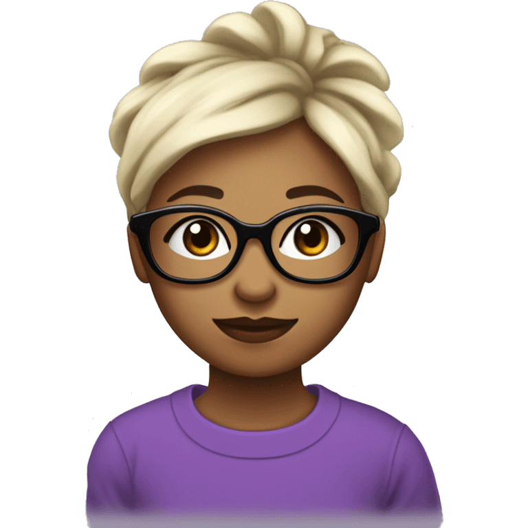 Une fille avec une peau blanche des lunettes violettes des taches de rousseurs cheveux mi long noir porte un t shirt de fleur  emoji