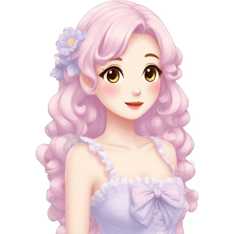 Gorgeous pastel anime style lady with blushing face and a dress cottagecore fairycore  Kawaii anime colorful pearly romantic simplistic aesthetic trending style emoji