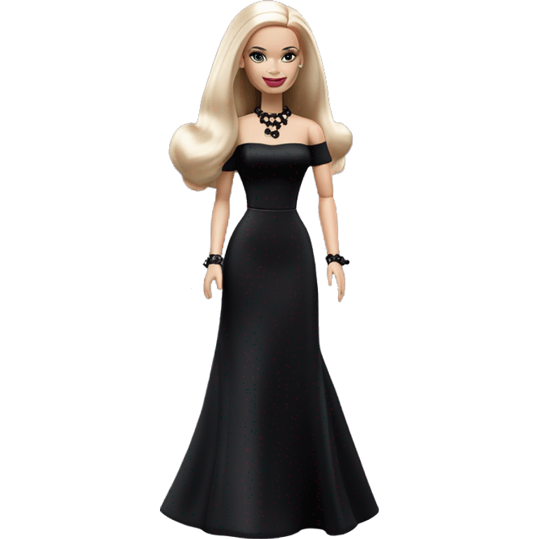  Elegant witch Wednesday Addams Barbie.  Small light skin face. Earrings with matching necklaces Long silky hair. black flowing strapless tight evening gown neckline that’s off-the-shoulders shows her legs and black high heel shoes. emoji