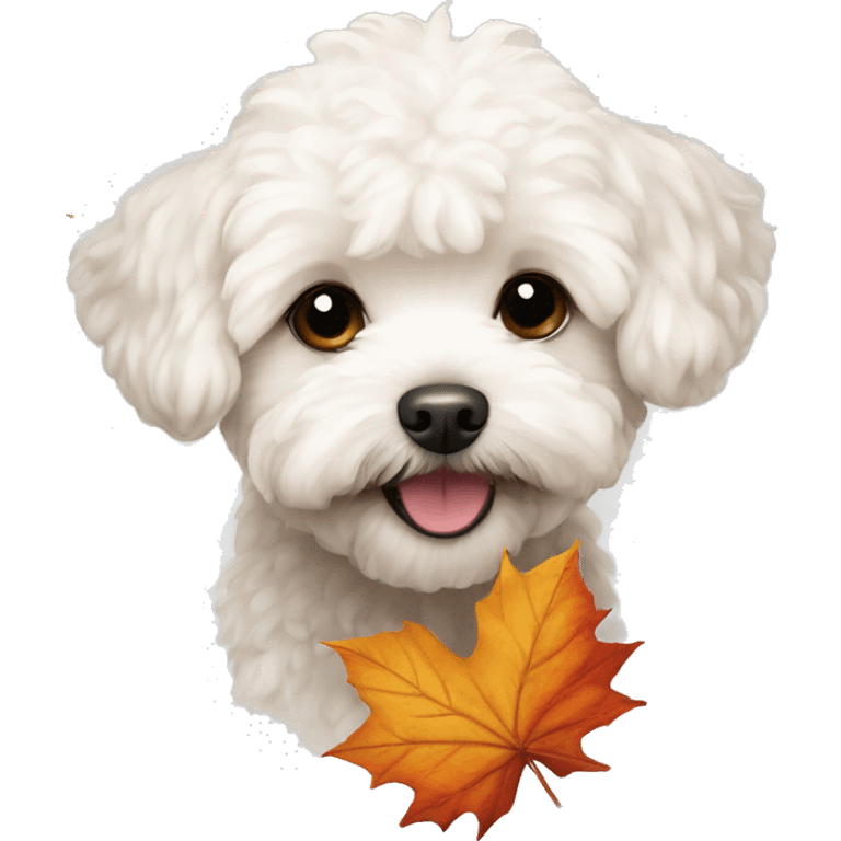 White maltipoo playing autumn leaves emoji