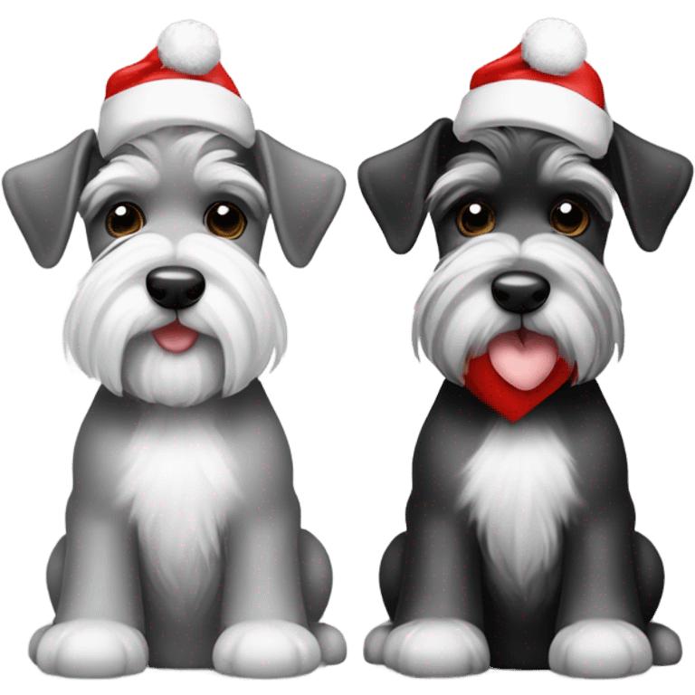 2 miniature schnauzers, 1 grey and 1 black and white, wearing Christmas hats with a heart above them emoji