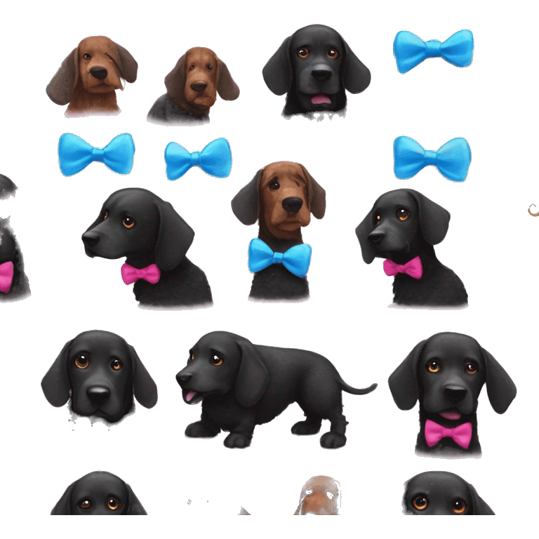 big black doodle dog with a pink bow next to a ginger sausage dog with a blue bow tie emoji