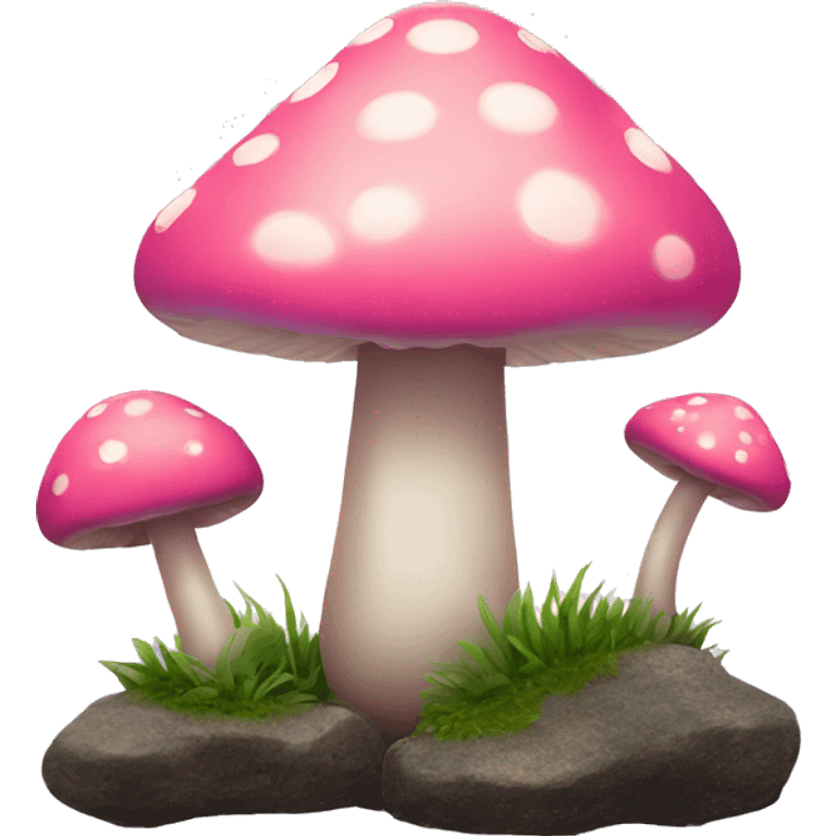 Pink little smiley mushroom with long stem growing between two round rocks emoji