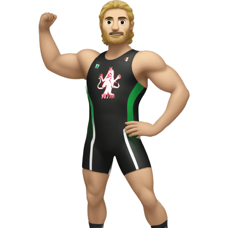 A wrestler holding the CHECHNYA FLAG green white red green with a wolf on it emoji