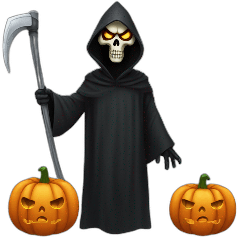 Grim Reaper costume with Pumpkin Mask on face emoji