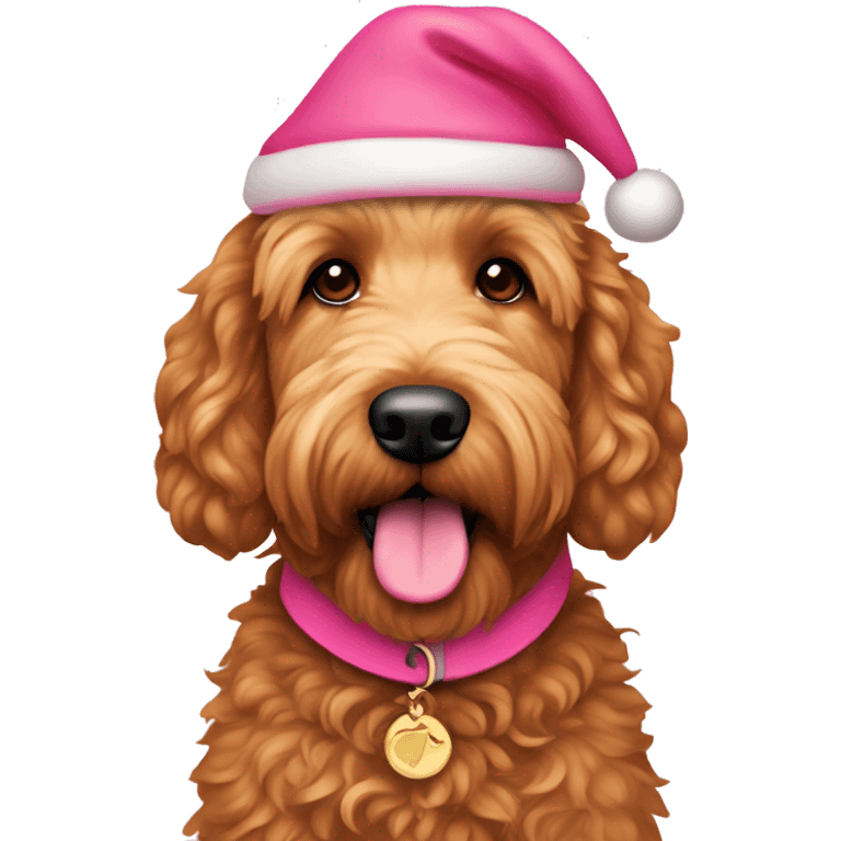 Red golden doodle with pink Santa hat, and pink collar emoji