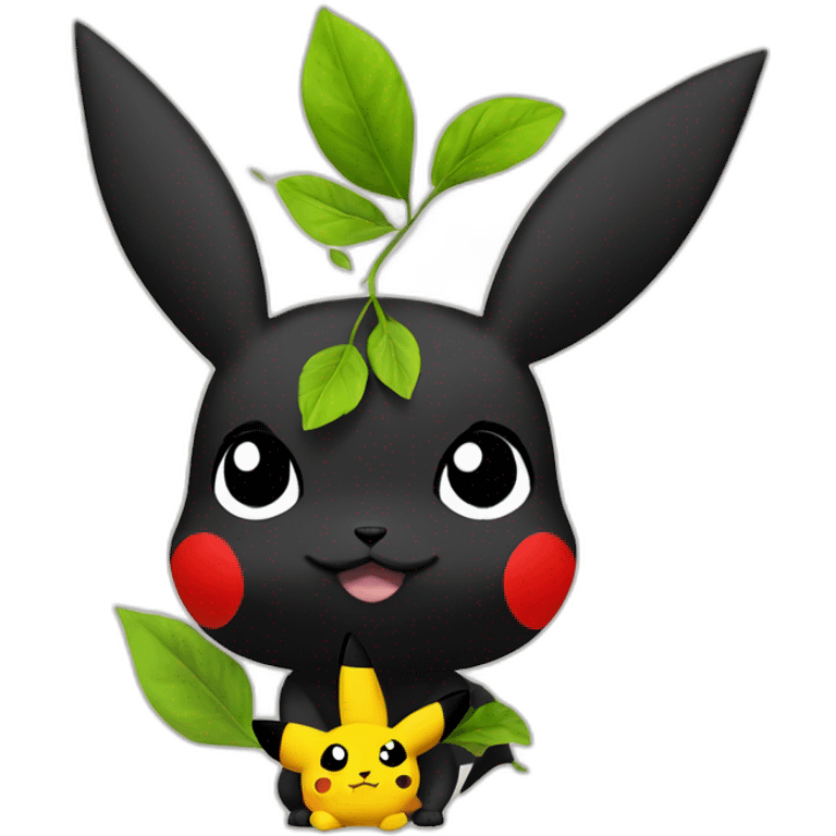 pikachu with tattoo of four leafs pointing into corners on forehead. leafs being black without texture emoji