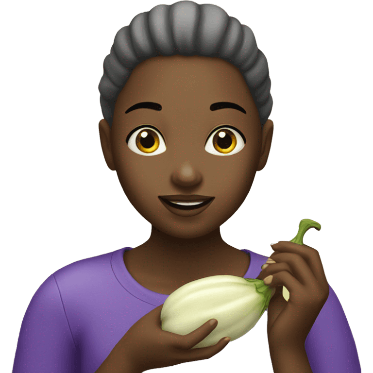 A girl eating an eggplant emoji