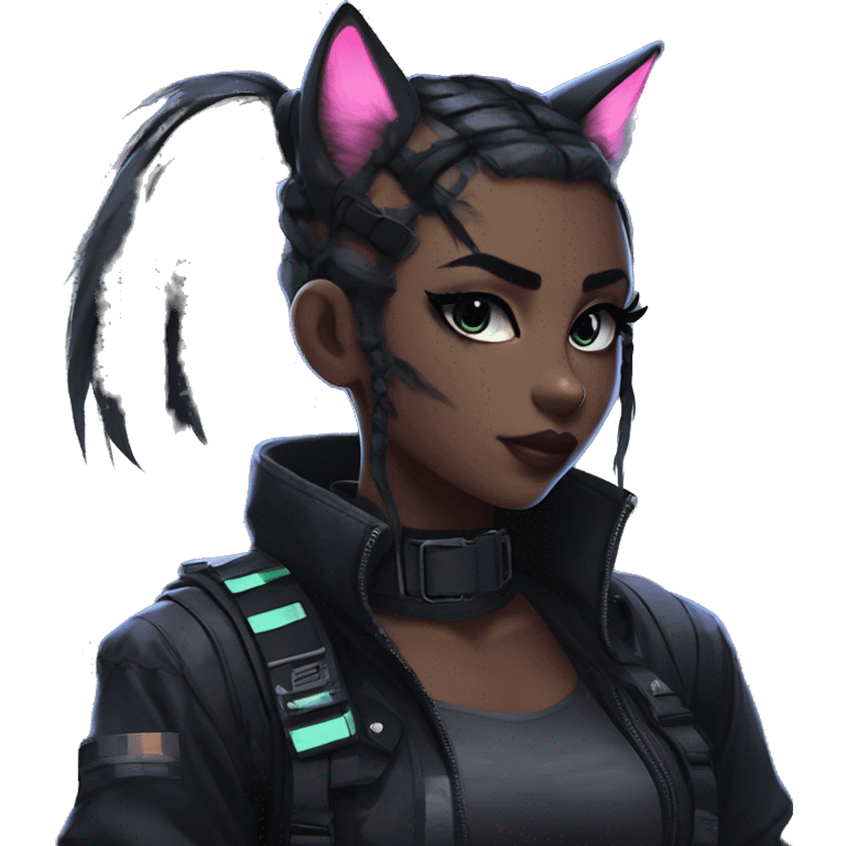 Gorgeous cyberpunk ponytail dark techwear anime style anthro black cat furry with blushing face aesthetic and pretty edgy black with collar and harness trending style emoji