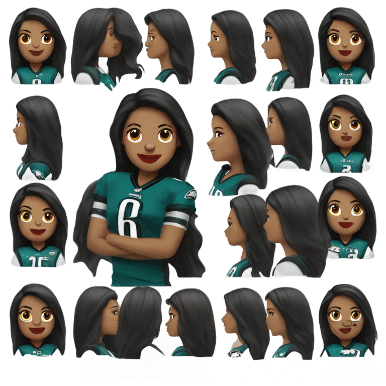 White female long dark hair red lips wearing Philadelphia Eagles jersey emoji