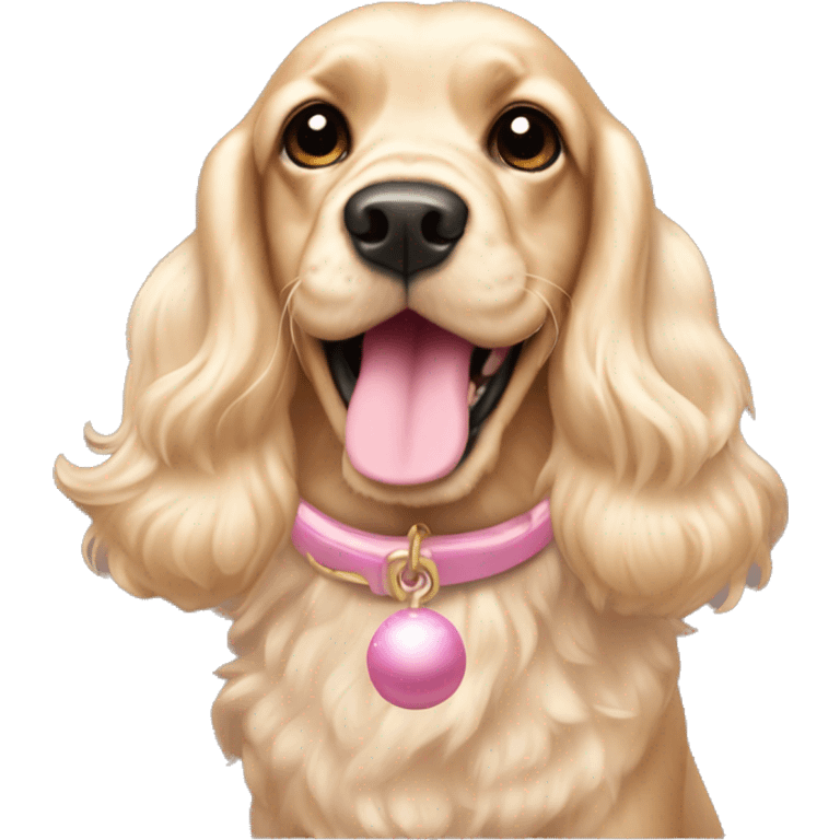 Blond cocker spaniel wearing two light pink sleighbell emoji