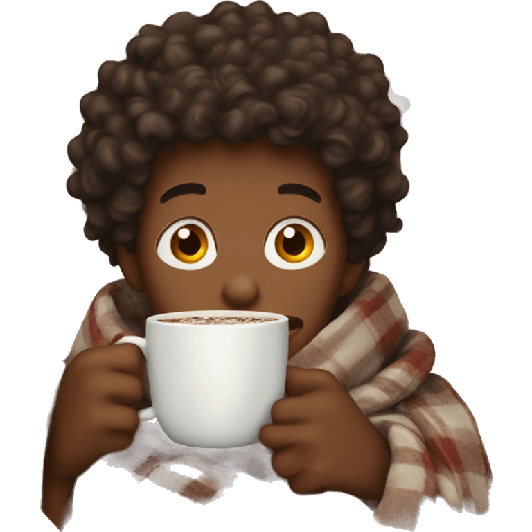 a cosy boy with curly hair wrapped in a blanket with a cup of hot chocolate emoji