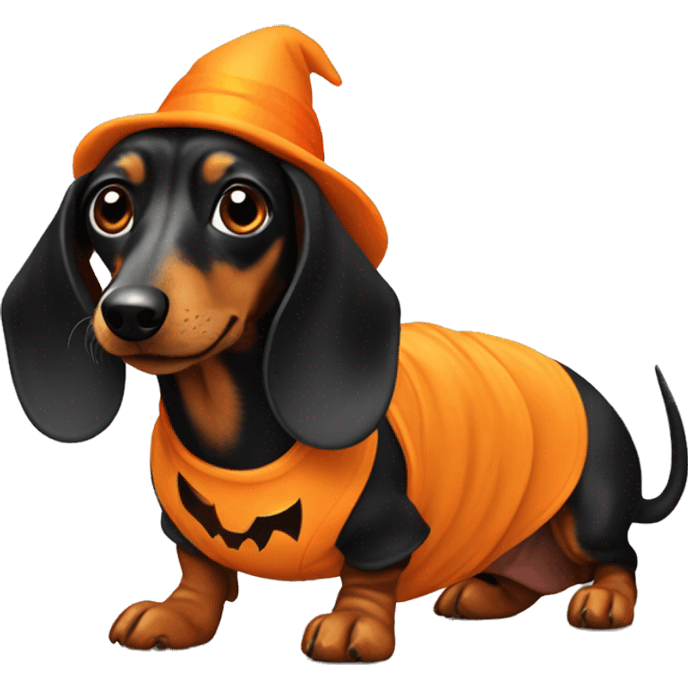 dachshund dog dressed for Halloween known as a Halloweenie emoji