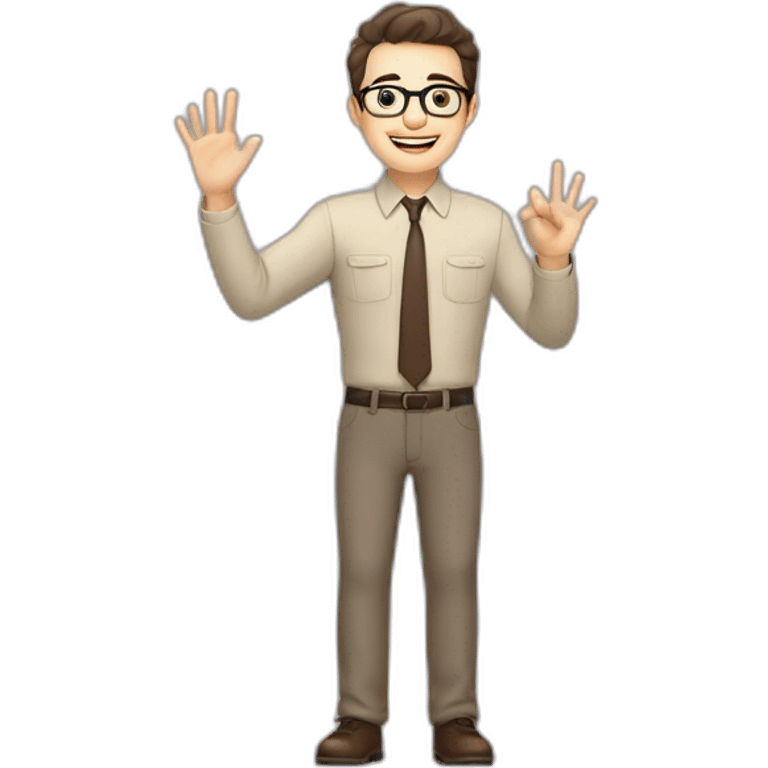 To belt Actively gesturing with hands Okay Pale skinned fit man with dark brown hair in gray jacket, beige office shirt, brown tie, brown pants and vintage glasses. emoji