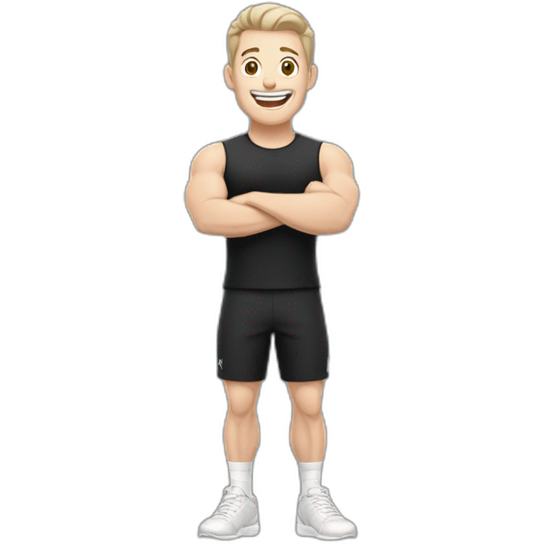 Joyful Celebrating victory Pale skinned Fit Man With the biceps and dark brown hair in black shirt, gray sports shorts and white Sneakers emoji