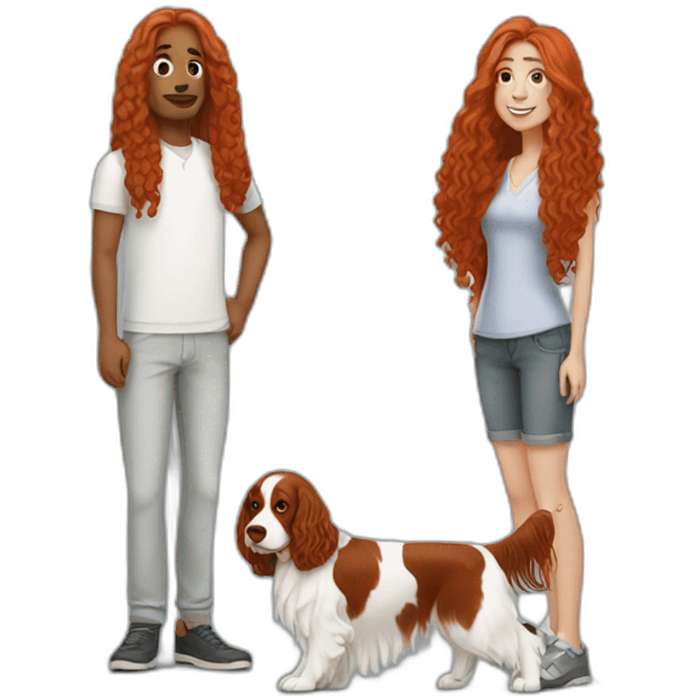 Man + woman long red hair + springer spaniel  emoji