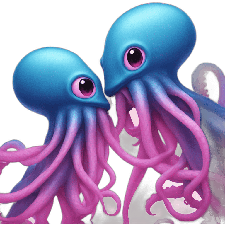 a blue kraken kissing an another pink kraken emoji