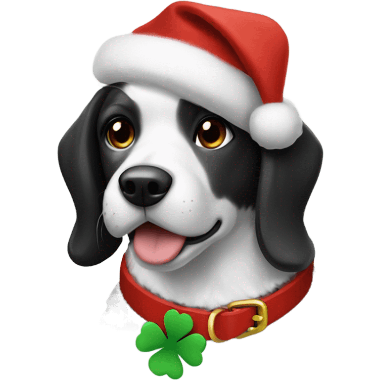 black and white dog wearing a santa hat and a collar with clovers on it emoji