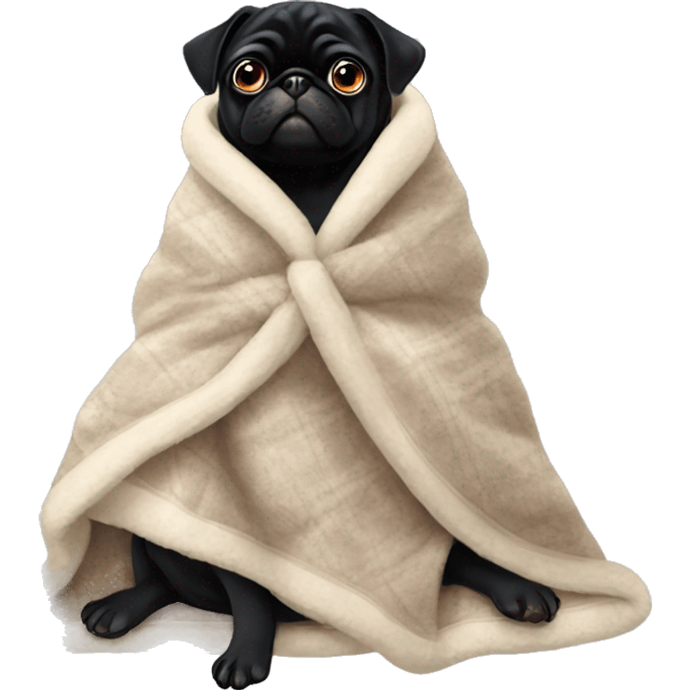 black pug with a cozy blanket around her and a bow emoji