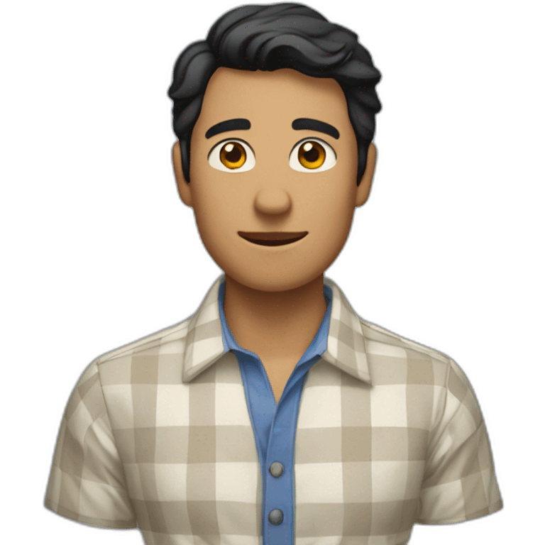 Tan man with short black hair and a gingham white/marine blue buttoned collar shirt emoji