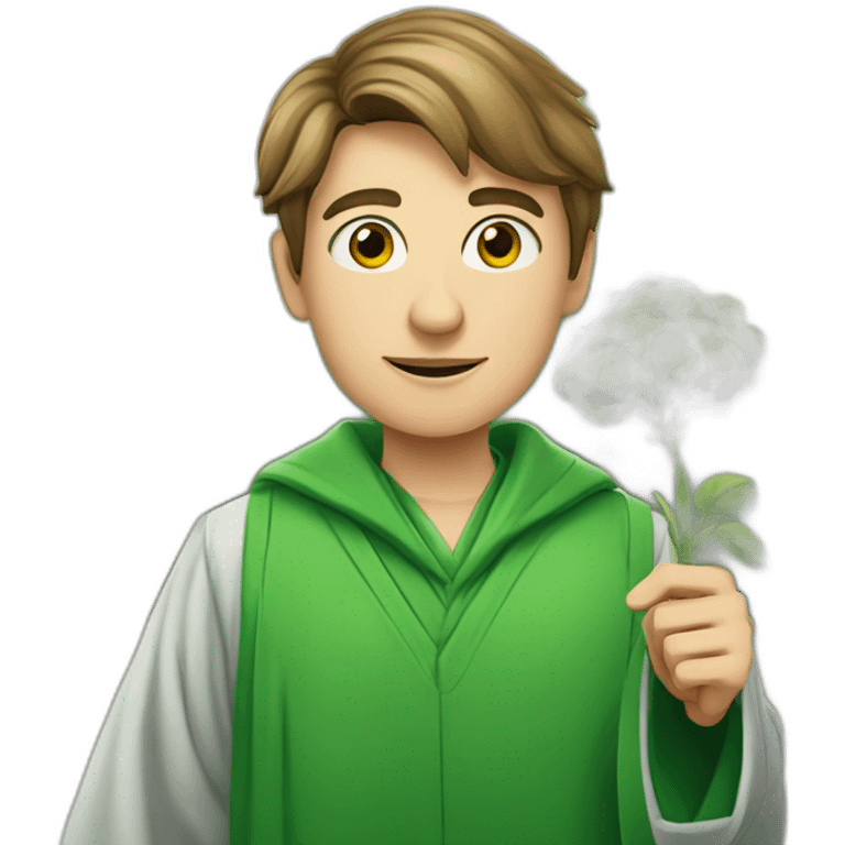 a European-looking student in a green robe with a sprout of green in his hands emoji