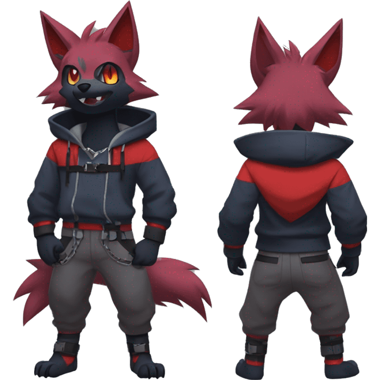 Cool Edgy Zorua-Zoroark-Mightyena with a collar and hoodie-sweater and harness on, full body emoji