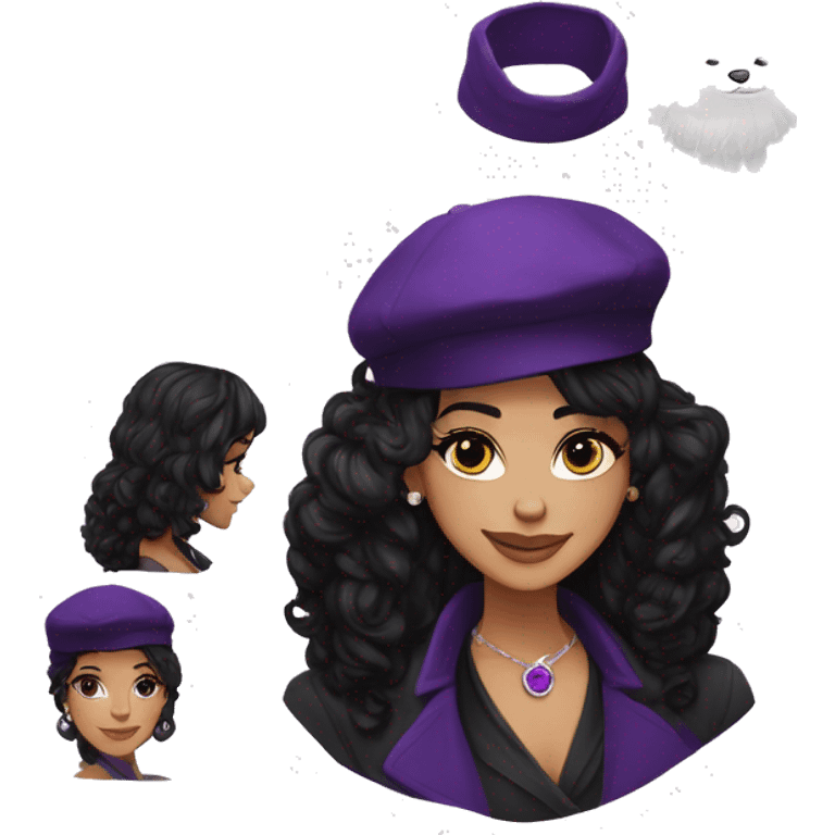 black hair, white woman, long messy hairstyle, beret hat, purple eyes, smile, long black trench coat with white fur around the neck, purple crystal earrings, purple crystal necklace emoji